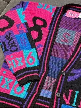 Vintage 90s Bold Numeric Knit Cardigan, Pink, Turquoise & Purple